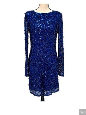 AIDAN MATTOX ROYAL BLUE BATEAU NECK LONG SLEEVE SEQUINED COCKTAIL DRESS